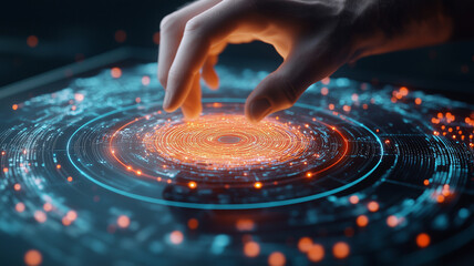 hand interacting with glowing digital interface, showcasing vibrant data patterns and connections. This futuristic scene evokes sense of technology and innovation