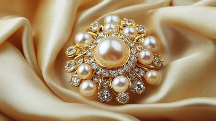 A pearl and gold combination brooch, elegantly placed on a champagne-colored satin cloth.