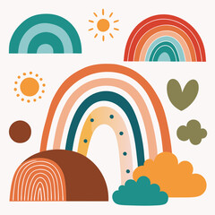 Boho rainbows abstract shapes set, silhouette of rainbow vector illustration, rainbows with clouds, abstract hand drawn collection vector illustration