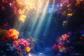 Fototapeta premium Vibrant underwater coral reef with colorful marine life illuminated by sunlight