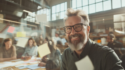 smiling man with glasses in modern office setting, surrounded by colleagues engaged in brainstorming session. atmosphere is collaborative and creative