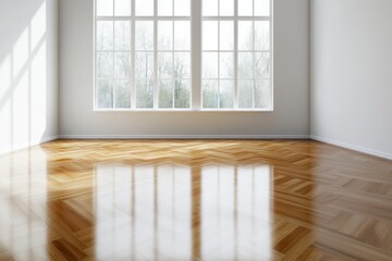 Obraz premium Spacious room with polished wooden floor and large windows allowing natural light to fill the area