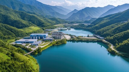 Fototapeta premium A scenic view of a sustainable textile plant surrounded by greenery, promoting eco-friendly practices.