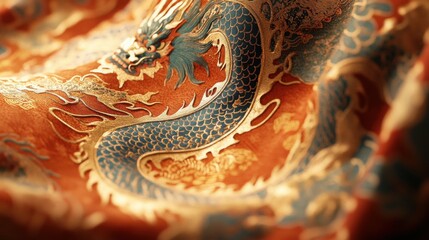 Fototapeta premium Intricate dragon design on silk fabric in warm tones, showcasing meticulous craftsmanship and cultural artistry