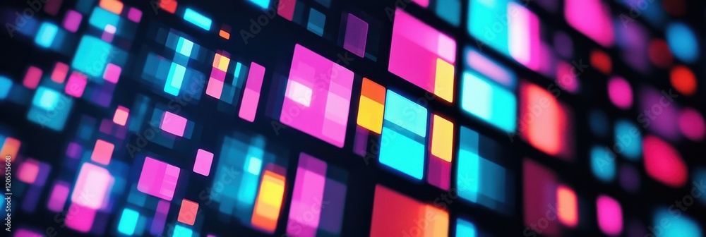 Poster dynamic digital background with vibrant neon squares and geometric abstract blocks