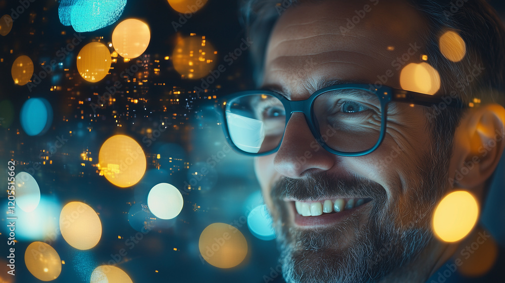 Poster smiling man with glasses enjoys city view at night, illuminated by colorful bokeh lights. his expres