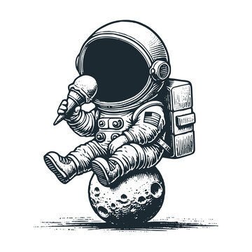 Cute astronaut squatting on a tiny meteor and hold a ice cream. Black white vector icon and logo illustration.
