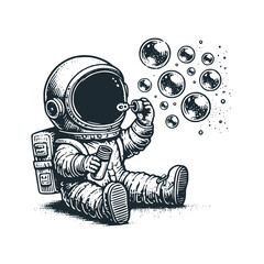Cute astronaut blowing bubbles in zero gravity. Black white vector icon and logo illustration.  © Maryoto