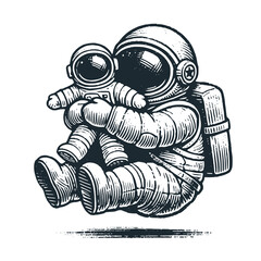 Cute astronaut play and hug a cute astronaut toys. Black white vector icon and logo illustration.	