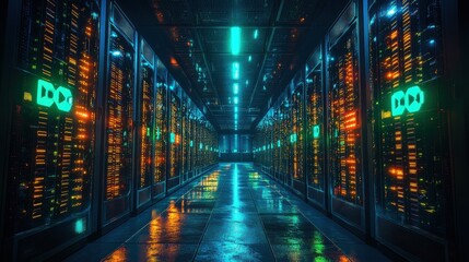 Obraz premium Futuristic data center hallway with illuminated server racks and neon lights