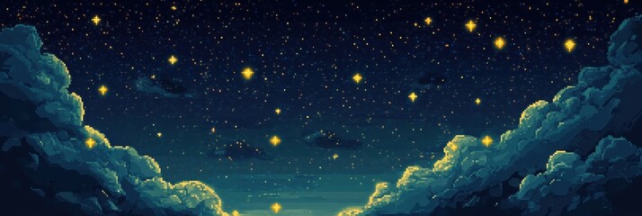 Fototapeta premium Pixel art night sky with stars and clouds illustrating a cosmic landscape