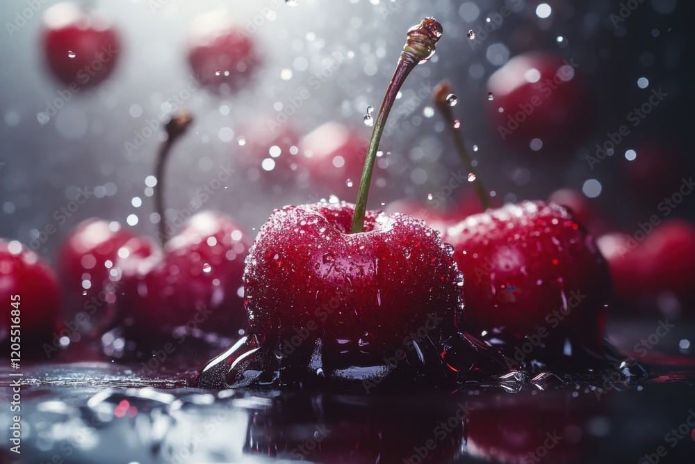 Poster fresh cherries splashed with water droplets create a vibrant and appetizing display