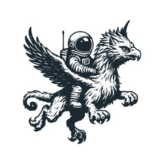 Cute astronaut ride on griffin. Black white vector icon and logo illustration.	