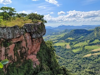 Scenic Landscape View of Cliffside Overlooking a Lush Valley With Mountainous Horizon and Sky