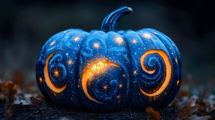 Fototapeta premium A blue pumpkin with stars and a light inside