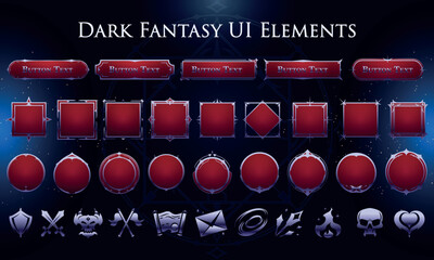 Set of Dark Fantasy Elements for user interface, poster, video. Fantasy magic HUD. Template for rpg game interface. Vector Illustration EPS10