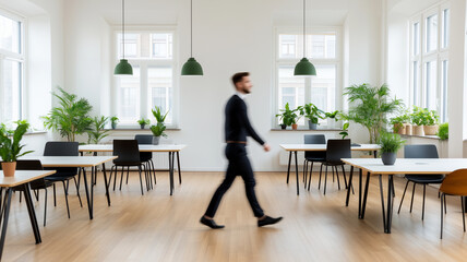 professional man walks through modern office space filled with plants, showcasing bright and airy atmosphere. minimalist design features wooden floors and ample natural light