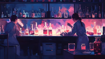 Laboratory researchers performing chemical analysis with test tubes and advanced equipment in a high-tech and modern facility