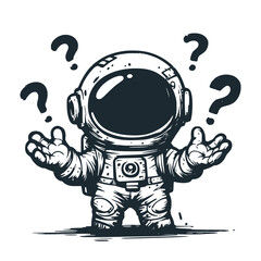 Cute astronaut is in a questioning pose and is surrounded by question marks. Black white vector icon and logo illustration.	