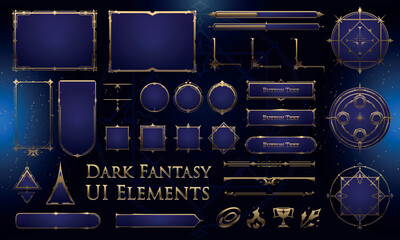 Set of Dark Fantasy Elements for user interface, poster, video. Fantasy magic HUD. Template for rpg game interface. Vector Illustration EPS10