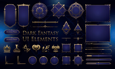 Set of Dark Fantasy Elements for user interface, poster, video. Fantasy magic HUD. Template for rpg game interface. Vector Illustration EPS10