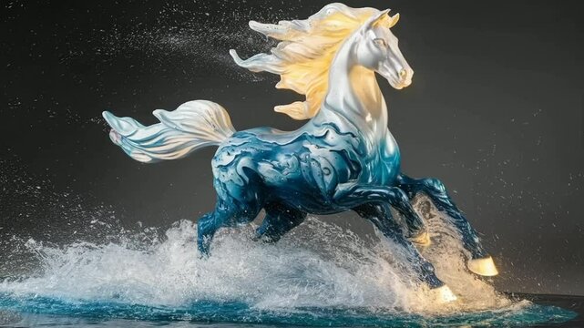 a proud water figure with a tall, upright posture, radiating boundless energy and endurance. its mane flows like cascading ocean waves, glowing with a soft, pearlescent light. the figure&rsquo;s powerful le