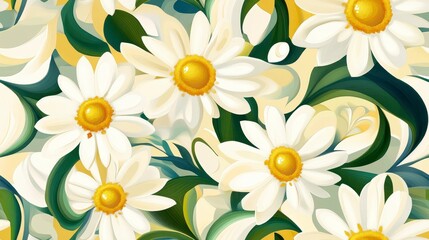Daisy Vine Delight, vibrant daisies intertwined with green vines, set against a soft pale yellow backdrop, perfect for textiles or decor.