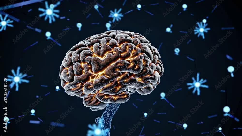 Poster glowing orange synapses illuminating the fissures of a human brain create a striking visual represen