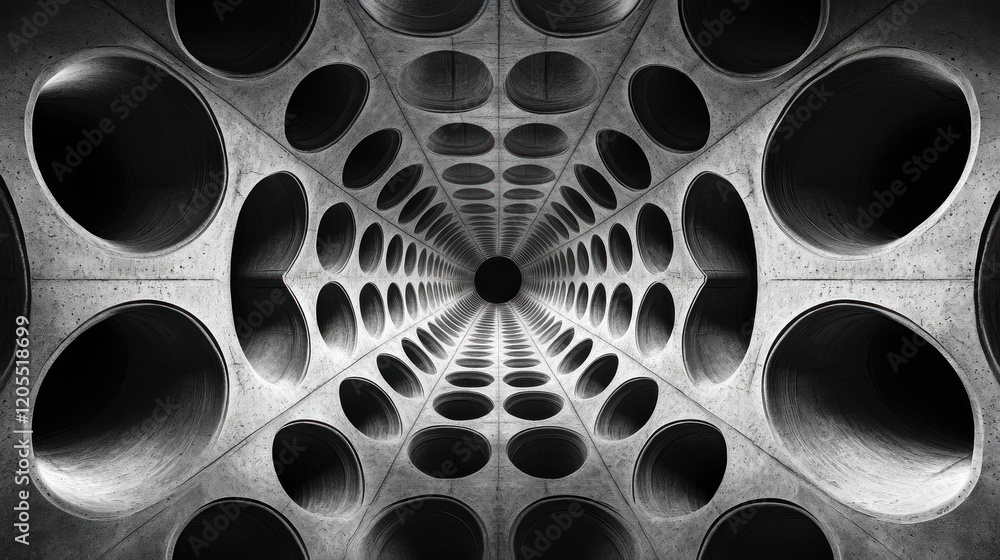 Poster abstract perspective of a concrete structure with circular openings leading to a dark center