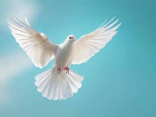 Obraz premium A white dove soaring against a soft blue background, symbolizing peace and freedom.