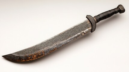 Ornate, curved blade; aged, etched, handle.
