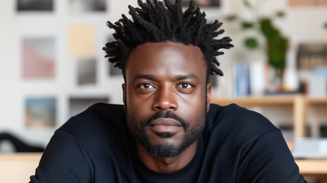 Confident business professional with natural hairstyle, focused expression, and modern workspace background. Engaging and determined demeanor reflects ambition and creativity