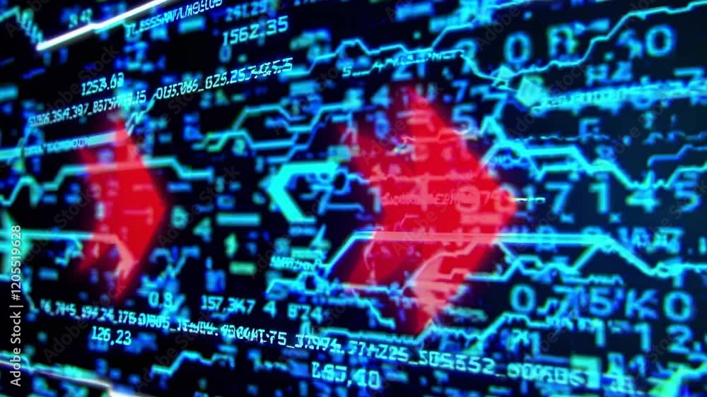 Poster red and blue arrows indicating opposing directions symbolize stock market fluctuations, set against 