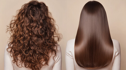 
A photo collage showing two images: one with curly, unruly hair and the other with smooth, shiny straight hair after a keratin treatment and bio-straightening.