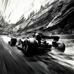 Dynamic black and white image of a Formula 1 car speeding on a track, emphasizing motion, adrenaline, and high-speed racing.

