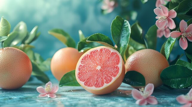 Fresh grapefruit and flowers on a vibrant background