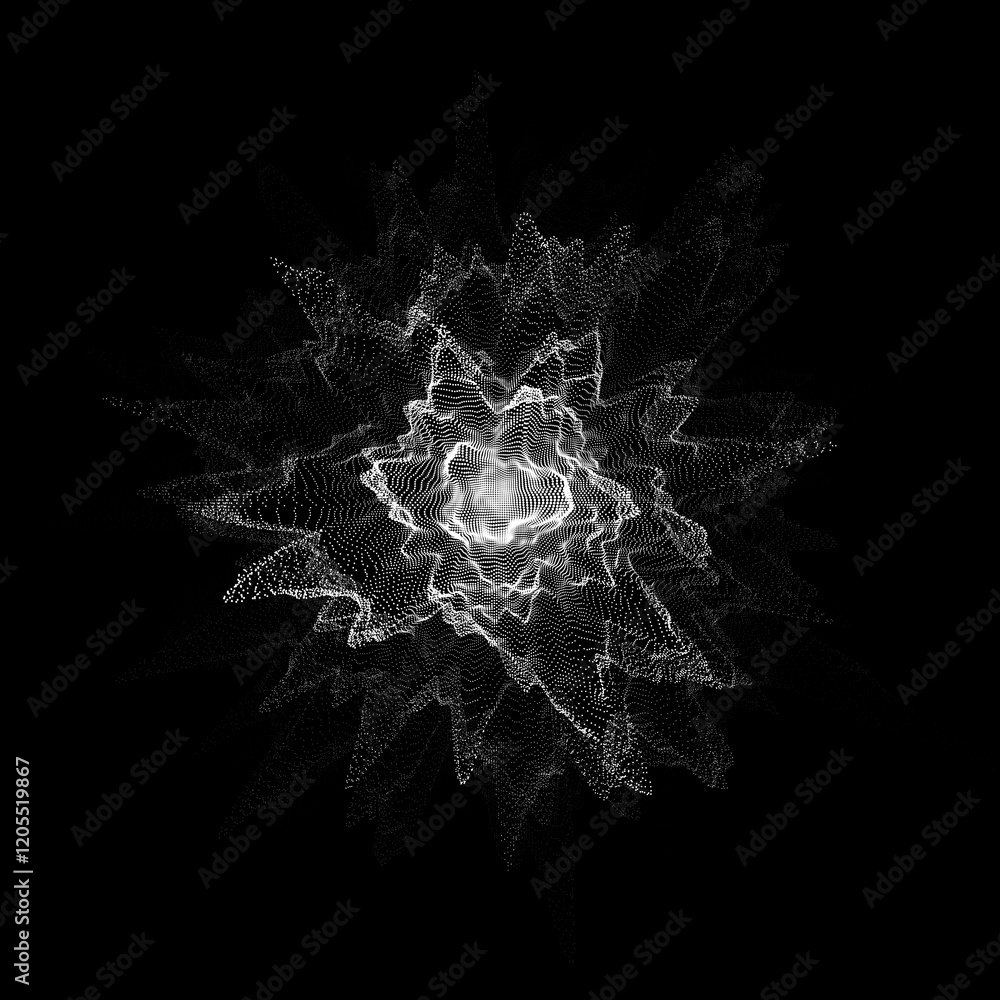 Poster vector digital technology wave. dark cyberspace with black motion dots. explosion of a wave of parti