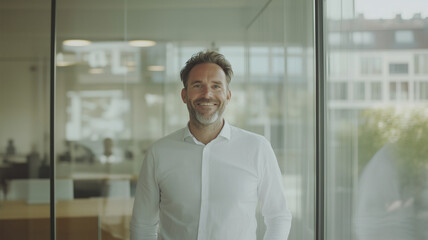 Fototapeta premium Confident business man standing in modern office, smiling and looking at camera. Bright, professional environment with glass walls and natural light