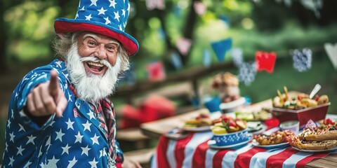 Older man dressed in USA-themed outfit pointing at the camera, outdoor barbecue table with patriotic decorations, cheerful and inviting, Independence Day celebration, festive mood, selective focus

