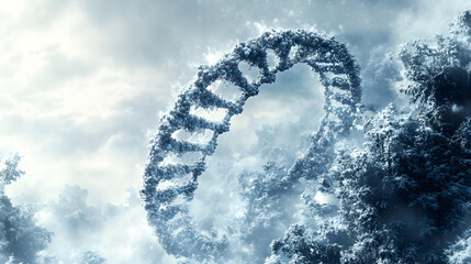 Mystical DNA-Like Helix Structure Emerging from a Cloudy Sky in a Serene Atmosphere
