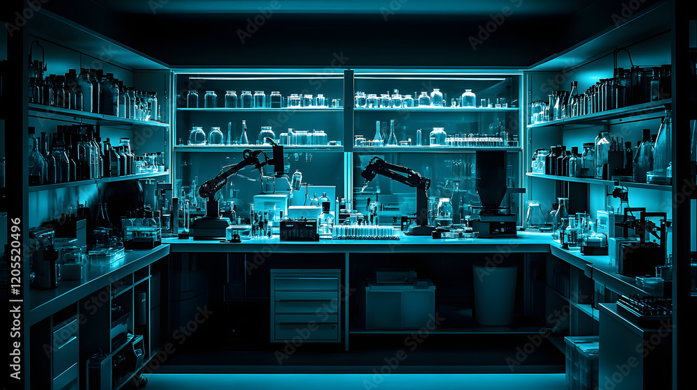 Wall mural fully equipped modern science laboratory with glowing blue lights and an array of advanced technolog