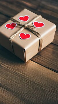 The present is beautifully wrapped in elegant brown paper adorned with lovely red heart stickers, perfect for a romantic occasion