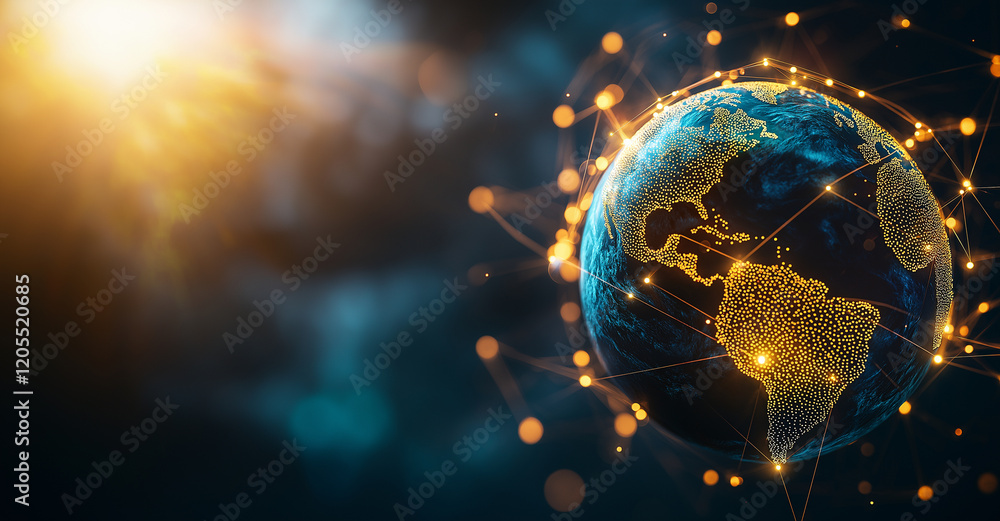 Poster vibrant global network concept showcasing interconnected nodes and illuminated continents, symbolizi