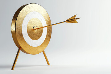 golden target with white bullseye and arrow striking center, symbolizing achievement and focus. shiny surface reflects light, enhancing its visual appeal