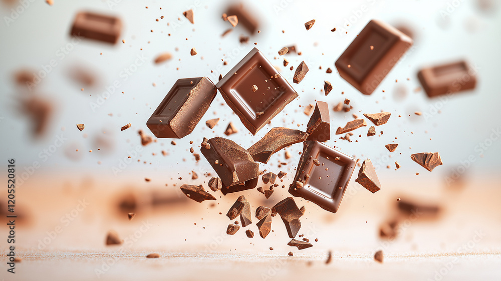Poster delicious chocolate pieces flying in air, surrounded by fragments, creating dynamic and enticing sce