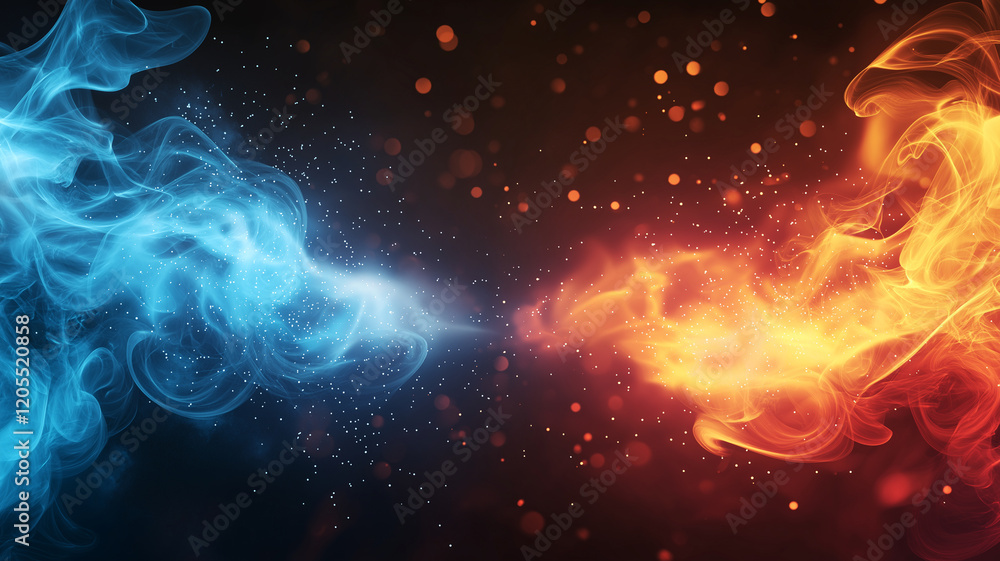 Poster captivating background featuring contrasting elements of fire and ice, with swirling smoke and vibra