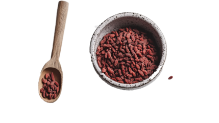 Bowl and scoop with dried goji berries on white background