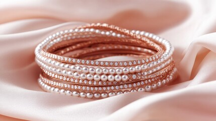 Fototapeta premium Pearl bracelets stacked elegantly on a white satin fabric with a muted pink background.