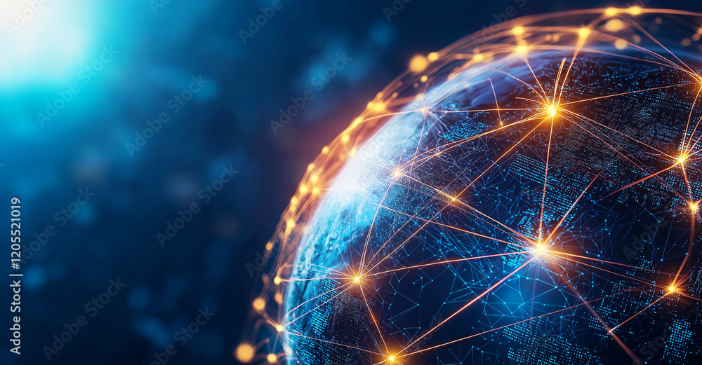 Poster digital representation of earth with glowing lines connecting various points, symbolizing global con