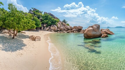 A picturesque beach with clear turquoise water, large rocks, and lush green trees under a bright blue sky